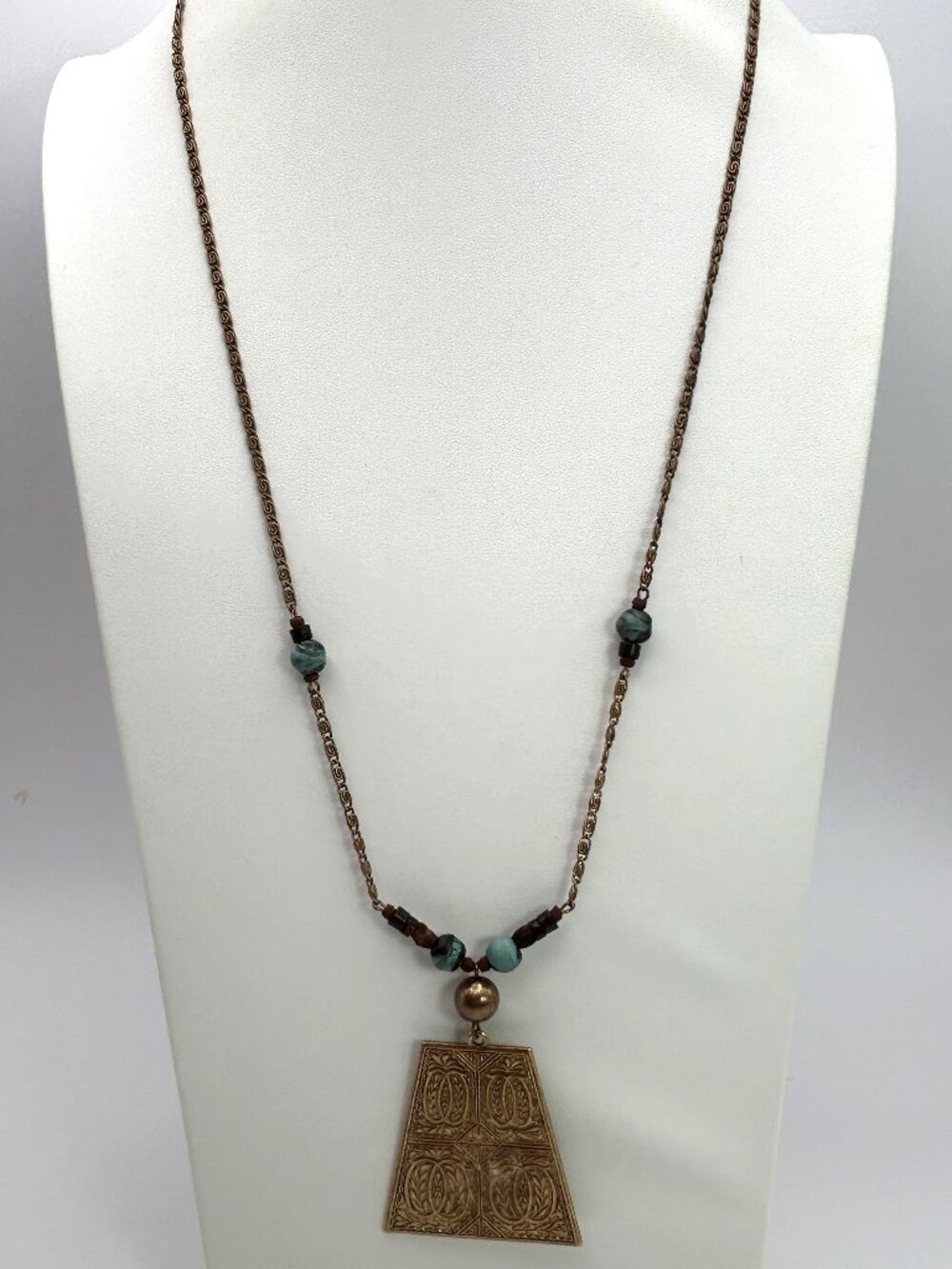 Boho Statement Necklace Large Etched Geometric Pendant Tribal Artisan Long